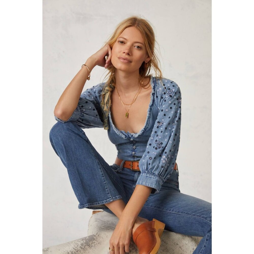 Anthropologie Pilcro Embroidered Chambray Blouse